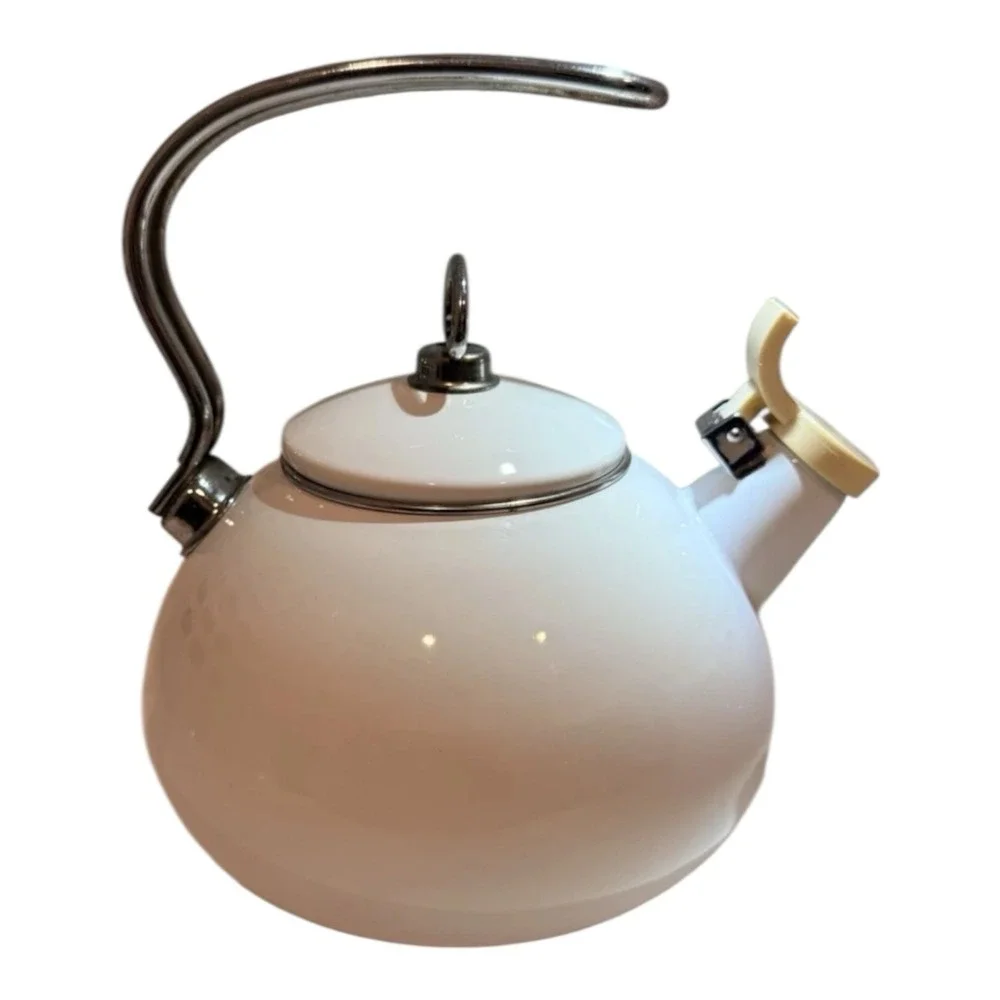 Vintage White Enamel Whistling Tea Kettle‎ Flip Spout Chipped